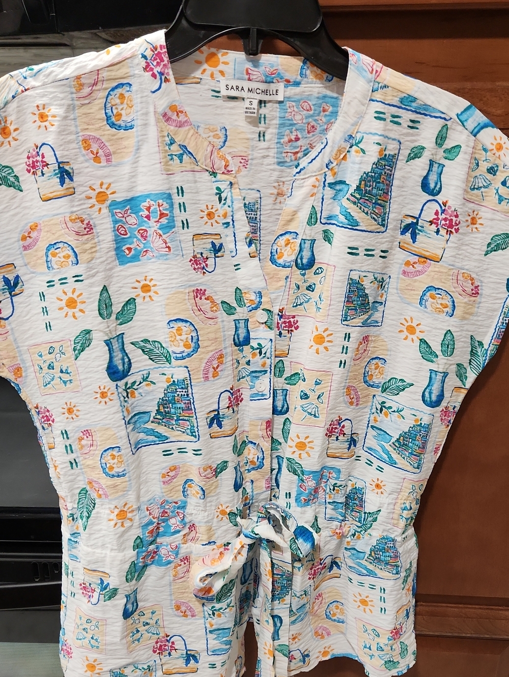Sara Michelle Printed Tie-Front Blouse White & Blue Small